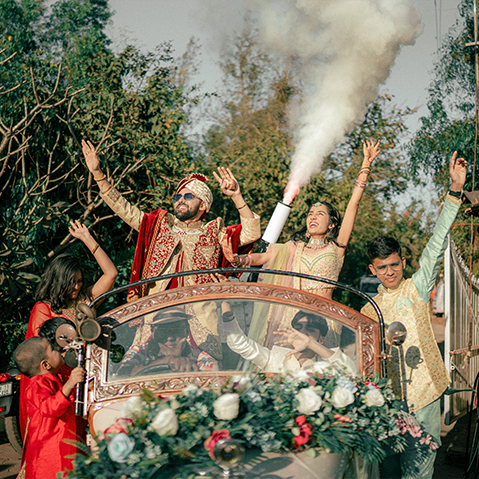 Baraat on vintage car